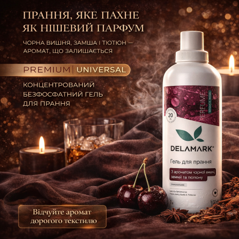 Гель для прання Delamark Perfume 1 л універсальний, чорна вишня, замша, тютюн (4820152333964) Гель для прання Delamark Perfume 1 л універсальний, чорна вишня, замша, тютюн (4820152333964)