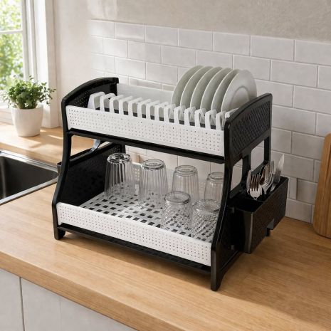 Сушилка для посуды двухъярусная с 2-мя поддонами черно-белая