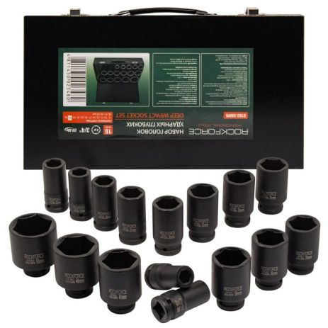 Набір головок ударних глибоких 3/4" 16 предметів (17,19,21,22,24,27,30,32-36,38,41,46,50) в кейсі ROCKFORCE RF-6162-5MPB