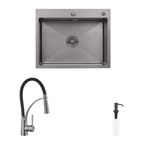 Комплект кухонная мойка Kroner Schwarze-6350HM PVD + смеситель Ersel-GRP03393BLK + дозатор Spender-SCH049