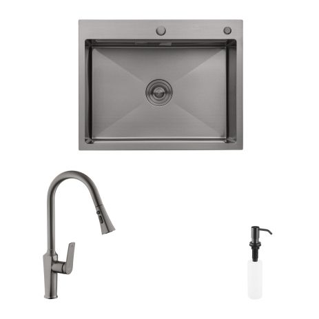 Комплект кухонная мойка Kroner Schwarze-6350HM PVD + смеситель Makon-GRP030-T + дозатор Spender-SCH049