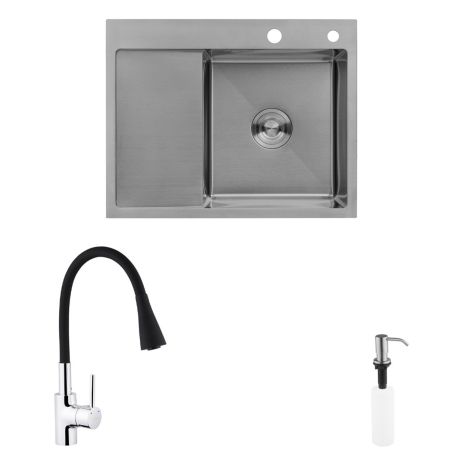 Комплект кухонна мийка Kroner Gebürstet-6350RHM + змішувач Küche-C031BLK + дозатор Spender-ECG049