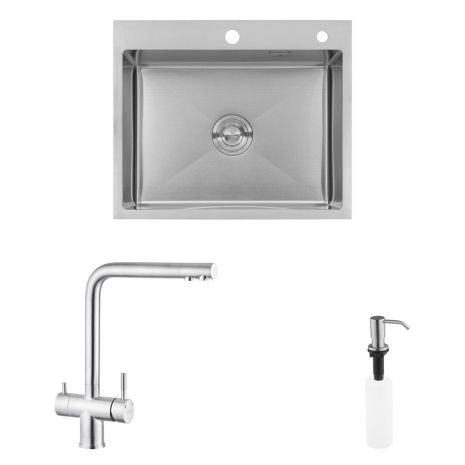 Комплект кухонна мийка Kroner Gebürstet-6050HM + змішувач Edelstahl Klassisch-ESG03811 + дозатор Spender-ECG049