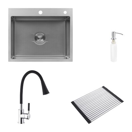 Комплект кухонна мийка Kroner Derby-6050HM Brush + cушарка для посуду Kroner Matte-SCH4333-2 + змішувач Kuche-C132BLK + дозатор