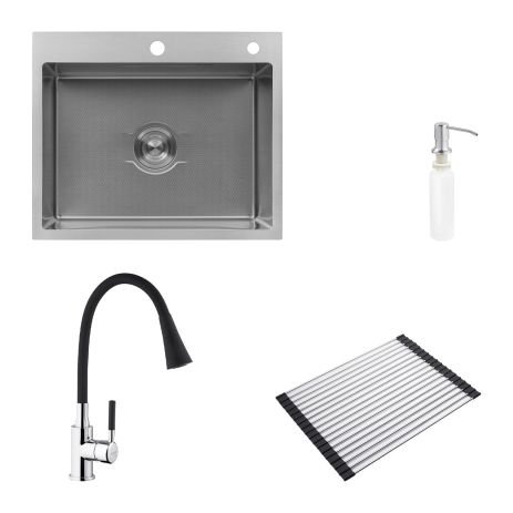 Комплект кухонна мийка Kroner Derby-6050HM Brush + cушарка для посуду Kroner Matte-SCH4333-2 + змішувач Kuche-C132BLK + дозатор