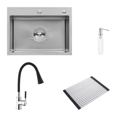 Комплект кухонна мийка Kroner Derby-5843HM Brush + cушарка для посуду Kroner Matte-SCH4333-2 + змішувач Kuche-C132BLK + дозатор