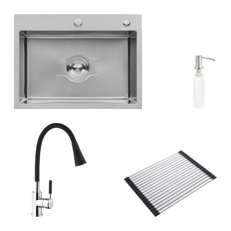 Комплект кухонна мийка Kroner Derby-5843HM Brush + cушарка для посуду Kroner Matte-SCH4333-2 + змішувач Kuche-C132BLK + дозатор
