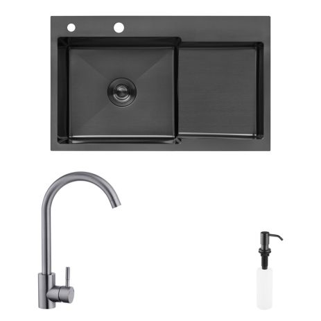 Комплект кухонна мийка Kroner Schwarze-7848LHM PVD + змішувач Edelstahl Klassisch-SCH035PVD + дозатор Spender-SCH049