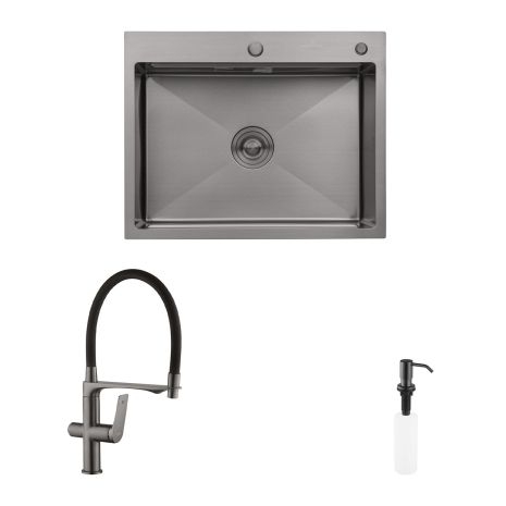 Комплект кухонна мийка Kroner Schwarze-6350HM PVD + змішувач Graz-GRP03815 + дозатор Spender-SCH049