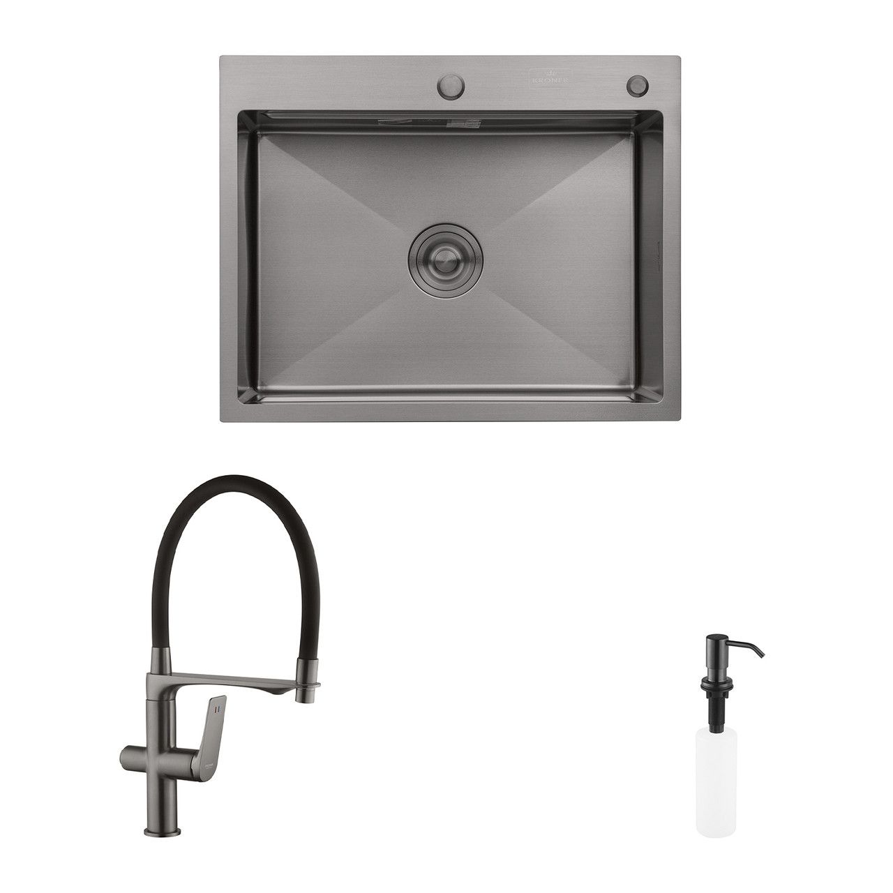 Комплект кухонна мийка Kroner Schwarze-6350HM PVD + змішувач Graz-GRP03815 + дозатор Spender-SCH049 Комплект кухонна мийка Kroner Schwarze-6350HM PVD + змішувач Graz-GRP03815 + дозатор Spender-SCH049