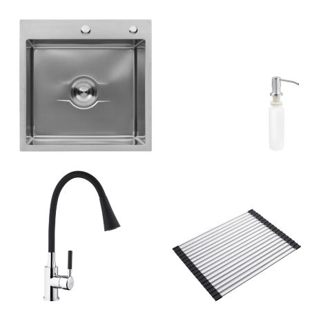 Комплект кухонна мийка Kroner Derby-5050HM Brush + cушарка для посуду Kroner Matte-SCH4333-2 + змішувач Kuche-C132BLK + дозатор