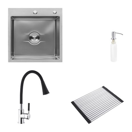 Комплект кухонна мийка Kroner Derby-5050HM Brush + cушарка для посуду Kroner Matte-SCH4333-2 + змішувач Kuche-C132BLK + дозатор