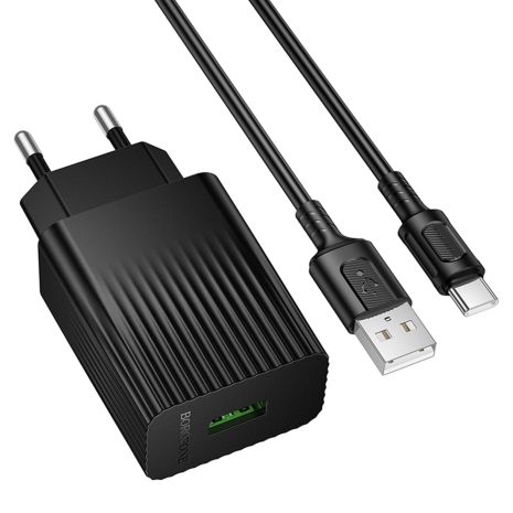 Сетевое Зарядное Устройство Borofone BAS72A 1USB QC3.0 18W+USB to Type-C Черный