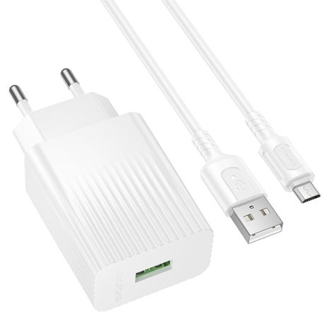 Мережевий Зарядний пристрій Borofone BAS72A 1USB QC3.0 18W+USB to Micro Білий