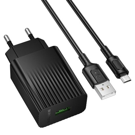 Мережевий Зарядний пристрій Borofone BAS72A 1USB QC3.0 18W+USB to Micro Чорний