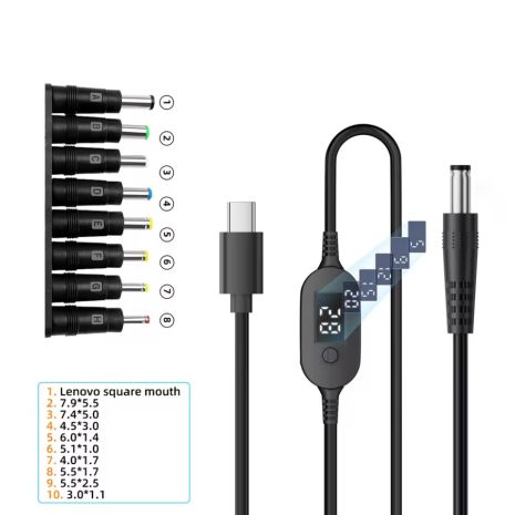 Кабель питания PD Type-C to DC 5.5x2.1-2.5mm 140W 5A с регулируемым напряжением 5V/9V/12V/15V/20V/28V для ноутбука, роутера + 8 переходников DC 5.5x2.1mm to DC, 1m Black