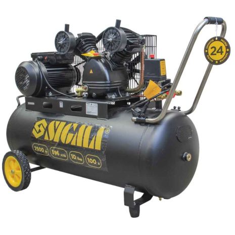 Компресор двоциліндровий ремінний (V) 2.5кВт 396л/хв 10бар 100л (2 крана) SIGMA 7044151