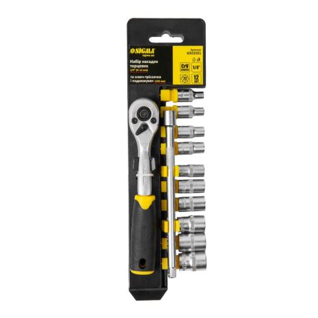 Набор насадок торцевых 1/4" + ключ-трещотка и удлинитель 12шт CrV SIGMA 6003501