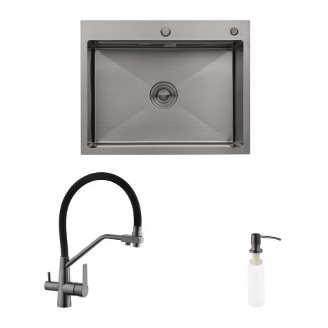Комплект кухонна мийка Kroner Schwarze-6350HM PVD + змішувач Edelstahl Klassisch-PVD03817BLK + дозатор Spender-026