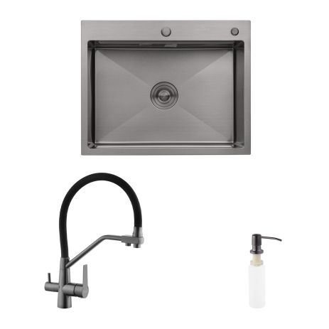 Комплект кухонна мийка Kroner Schwarze-6350HM PVD + змішувач Edelstahl Klassisch-PVD03817BLK + дозатор Spender-026
