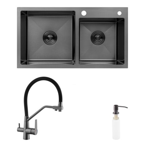 Комплект кухонная мойка Kroner Schwarze-7843ZHM PVD + смеситель Edelstahl Klassisch-PVD03817BLK + дозатор Spender-026