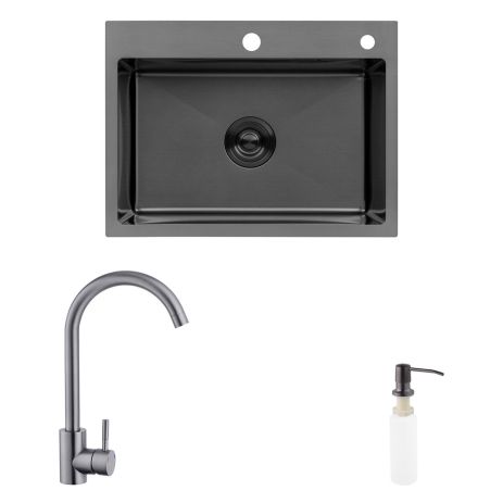 Комплект кухонная мойка Kroner Schwarze-5843HM PVD + смеситель Edelstahl Klassisch-SCH035PVD + дозатор Spender-026