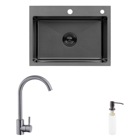 Комплект кухонная мойка Kroner Schwarze-5843HM PVD + смеситель Edelstahl Klassisch-SCH035PVD + дозатор Spender-026