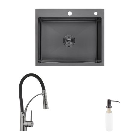 Комплект кухонна мийка Kroner Schwarze-6050HM PVD + змішувач Ersel-GRP03393BLK + дозатор Spender-026