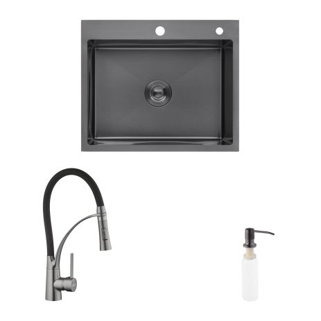 Комплект кухонна мийка Kroner Schwarze-6050HM PVD + змішувач Ersel-GRP03393BLK + дозатор Spender-026