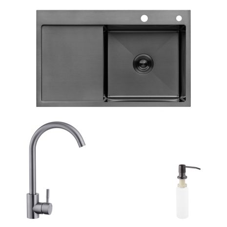Комплект кухонный мойка Kroner Schwarze-7849RHM PVD + смеситель Edelstahl Klassisch-SCH035PVD + дозатор Spender-026