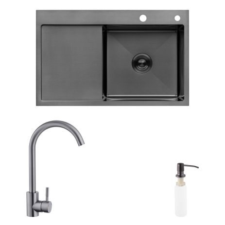 Комплект кухонный мойка Kroner Schwarze-7849RHM PVD + смеситель Edelstahl Klassisch-SCH035PVD + дозатор Spender-026