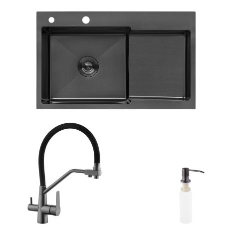 Комплект кухонный мойка Kroner Schwarze-7848LHM PVD + смеситель Edelstahl Klassisch-PVD03817BLK + дозатор Spender-026
