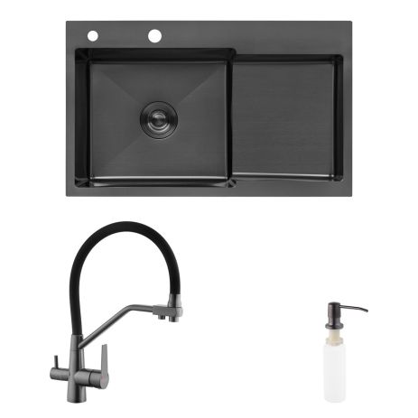 Комплект кухонный мойка Kroner Schwarze-7848LHM PVD + смеситель Edelstahl Klassisch-PVD03817BLK + дозатор Spender-026