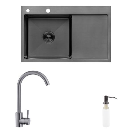 Комплект кухонна мийка Kroner Schwarze-7849LHM PVD + змішувач Edelstahl Klassisch-SCH035PVD + дозатор Spender-026