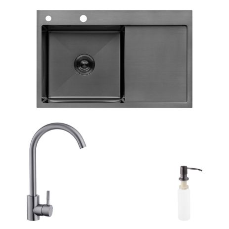 Комплект кухонна мийка Kroner Schwarze-7849LHM PVD + змішувач Edelstahl Klassisch-SCH035PVD + дозатор Spender-026