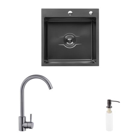 Комплект кухонная мойка Kroner Derby-5050HM PVD + смеситель Edelstahl Klassisch-SCH035PVD + дозатор Spender-026