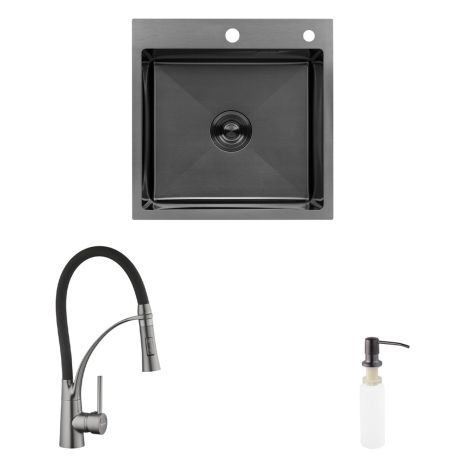 Комплект кухонный мойка Kroner Schwarze-5050HM PVD + смеситель Ersel-GRP03393BLK + дозатор Spender-026