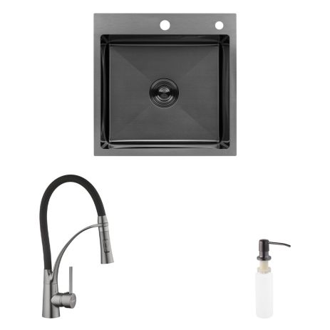 Комплект кухонный мойка Kroner Schwarze-5050HM PVD + смеситель Ersel-GRP03393BLK + дозатор Spender-026