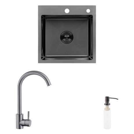 Комплект кухонная мойка Kroner Schwarze-4545HM PVD + смеситель Edelstahl Klassisch-SCH035PVD + дозатор Spender-026