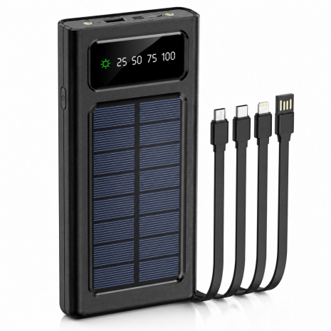 Солнечный Power Bank 50000 mAh с кабелями Type-C/Lightning/Micro-USB, LED-фонарь