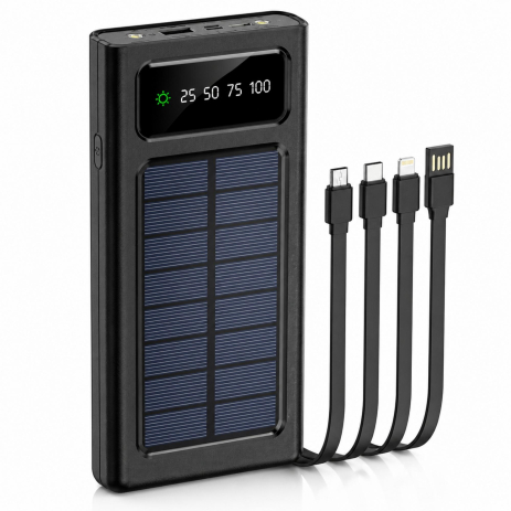 Сонячний Power Bank 50000 mAh із кабелями Type-C / Lightning / Micro-USB, LED-ліхтар