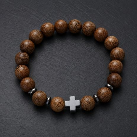 Браслет з хрестом натуральне дерево хрест із гематиту чоловічий
