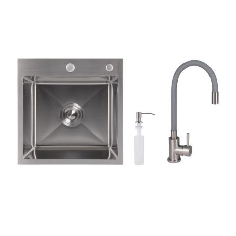 Акционный набор Lidz: мойка H4545 Decor 2,5/0,5 мм + Смеситель Aria для кухни с гибким изливом (k35) Grey