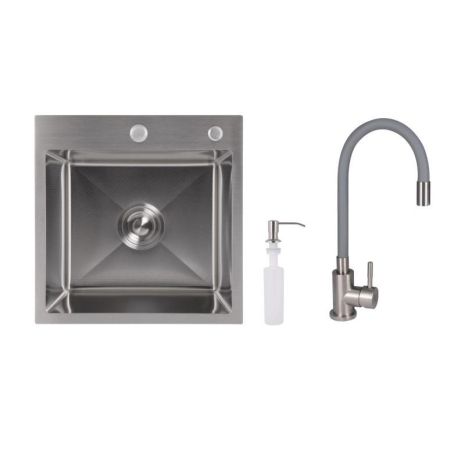 Акционный набор Lidz: мойка H4545 Decor 2,5/0,5 мм + Смеситель Aria для кухни с гибким изливом (k35) Grey