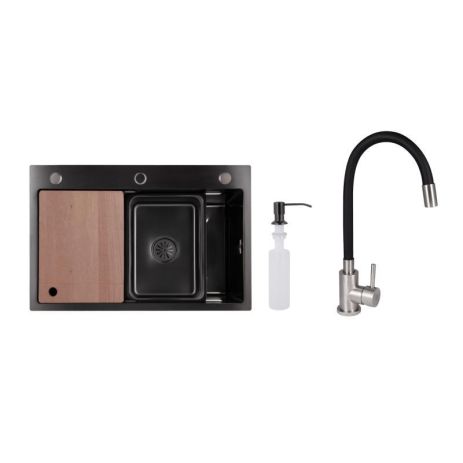 Акционный набор Lidz: мойка H6845 Décor Blaсk 3,0/1,0 мм + Смеситель Aria для кухни с гибким изливом (k35) Black Акционный набор Lidz: мойка H6845 Décor Blaсk 3,0/1,0 мм + Смеситель Aria для кухни с гибким изливом (k35) Black