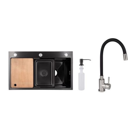 Акционный набор Lidz: мойка интегрированная Decor Black PVD Honeycomb 3,0/1,0 мм + Смеситель Aria для кухни с гибким изливом