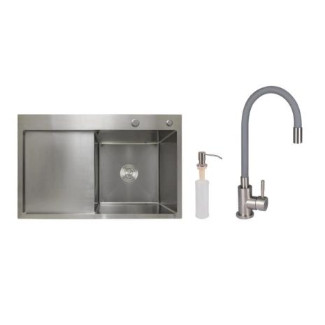 Акционный набор Lidz: мойка H7849L интегрированная крыло слева Brushed Steel 3,0/1,0 мм + Смеситель Aria для кухни с гибким
