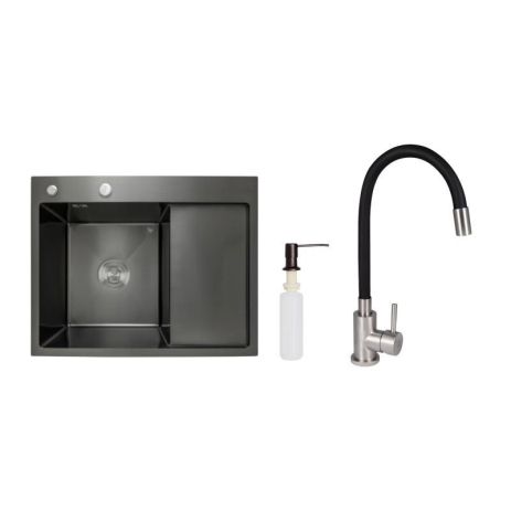 Акционный набор Lidz: мойка H6350BR интегрированная крыло справа Brushed Black PVD 3,0/1,0 мм + Смеситель Aria для кухни с гибким