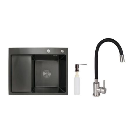 Акционный набор Lidz: мойка H6350BL интегрированная крыло слева Brushed Black PVD 3,0/1,0 мм + Смеситель Aria для кухни с гибким