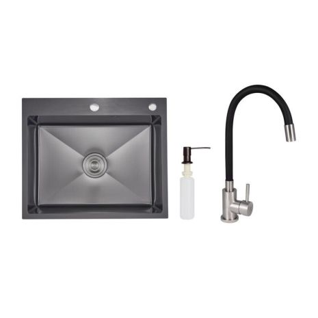 Акционный набор Lidz: мойка интегрированная Decor Black PVD Honeycomb 2,5/0,5 мм + Смеситель Aria для кухни с гибким изливом (k35)